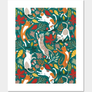 Autumn joy // pattern // pine green background cats dancing with many leaves in fall colors Posters and Art